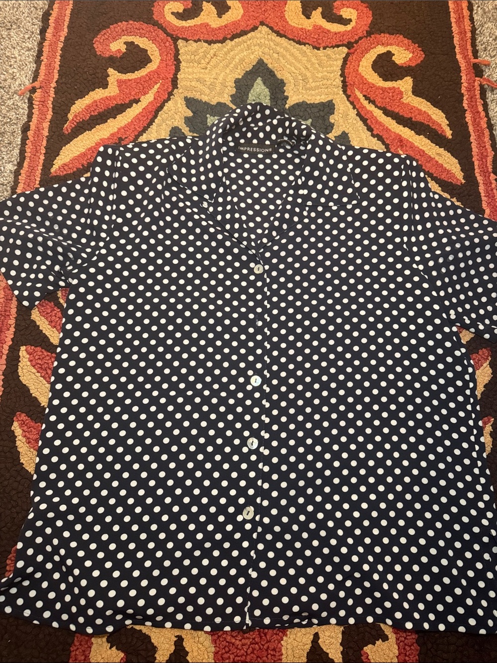 Impressions Navy and White Polka Dot Short-Sleeve Button Shirt